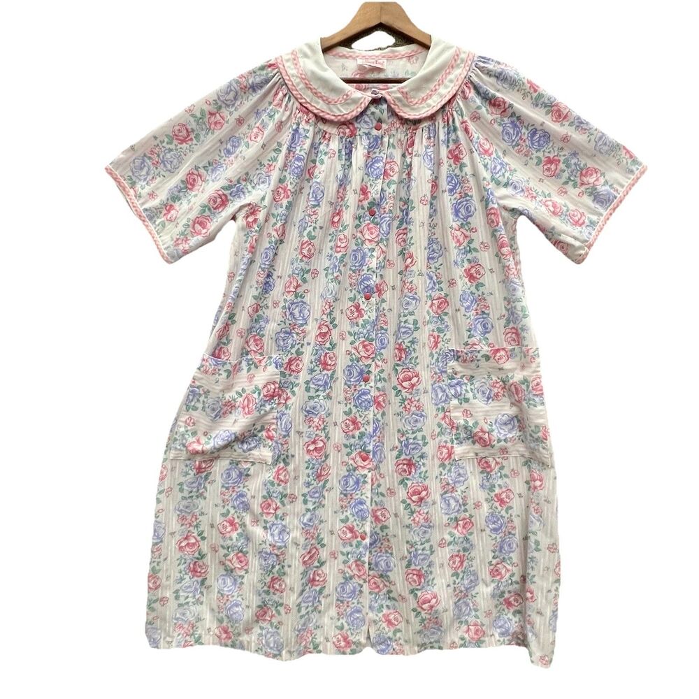 Smart Time Vtg House Dress Robe XL Floral Pink Gingham Snaps 56” Bust Pocket